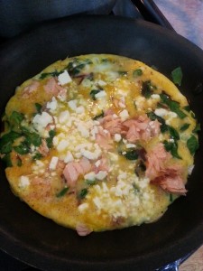 Smoked Salmon & Feta Omelette: in the skillet so you can see the ingredients.